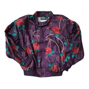 VINTAGE Saddlebred Full Zip Track Jacket Wine Floral Design Pockets Women Small